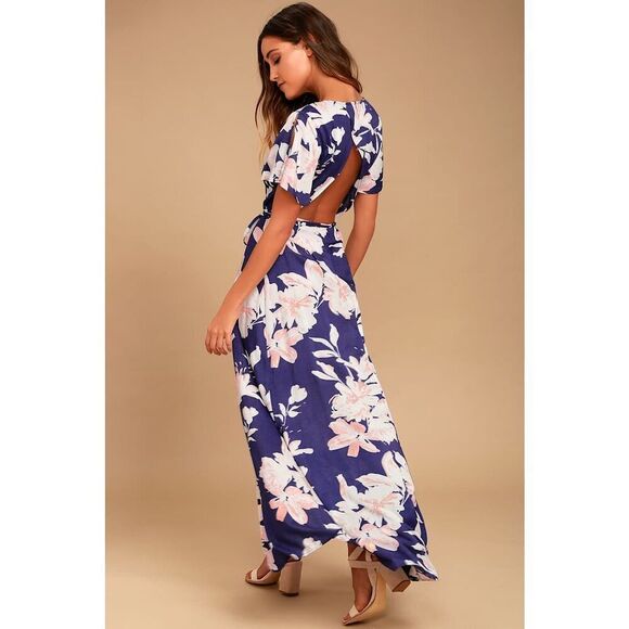 Lulus Azalea Regalia Navy Blue Floral Print Wrap Maxi Dress - Picture 5 of 9